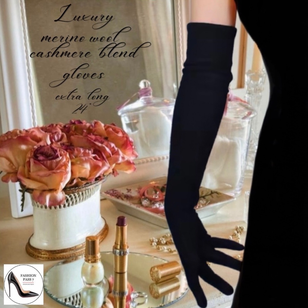 24” Long Luxury Cashmere Merino Wool Glove Classic Black Opera Winter Warm Glove - Picture 8 of 8